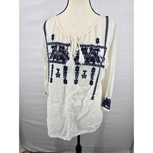 World Market Ivory‎ Navy Blue Embroidered Tassel Peasant Blouse Top L/XL